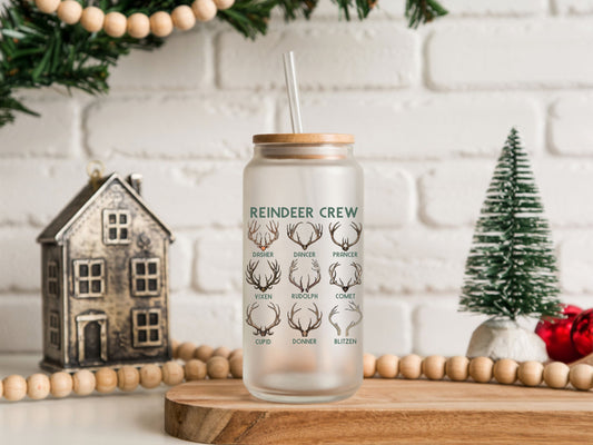 Reindeer Crew 16 oz Glass Can