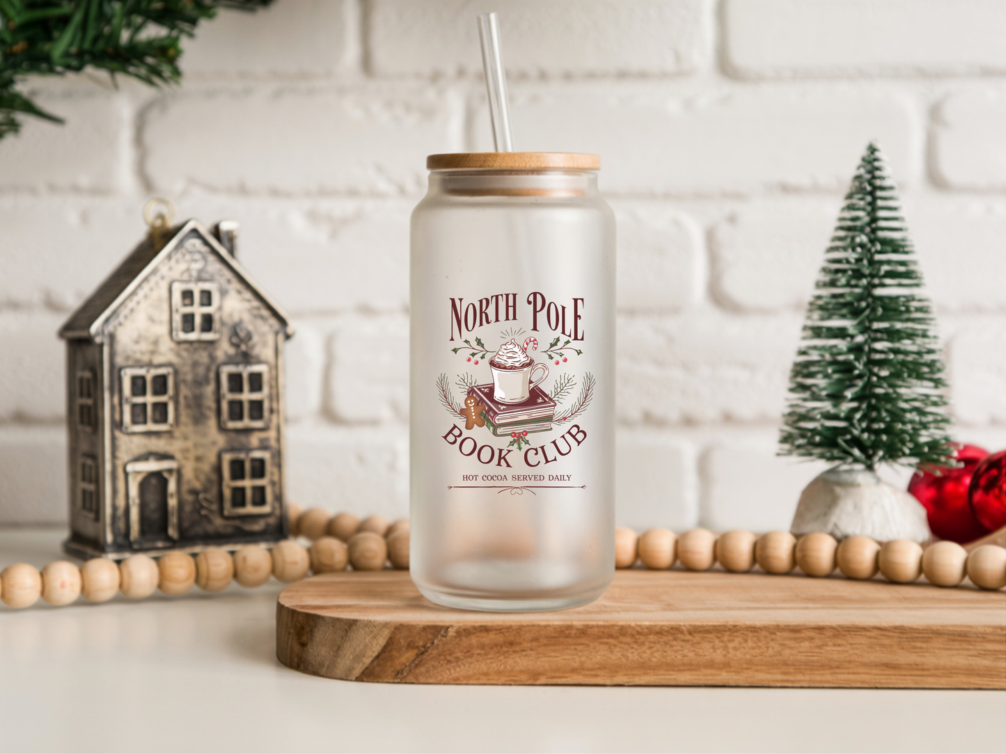 North Pole Book Club 16 oz Glass Can