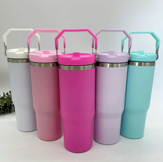 30oz Custom Tumblers – Flip Straw + Handle